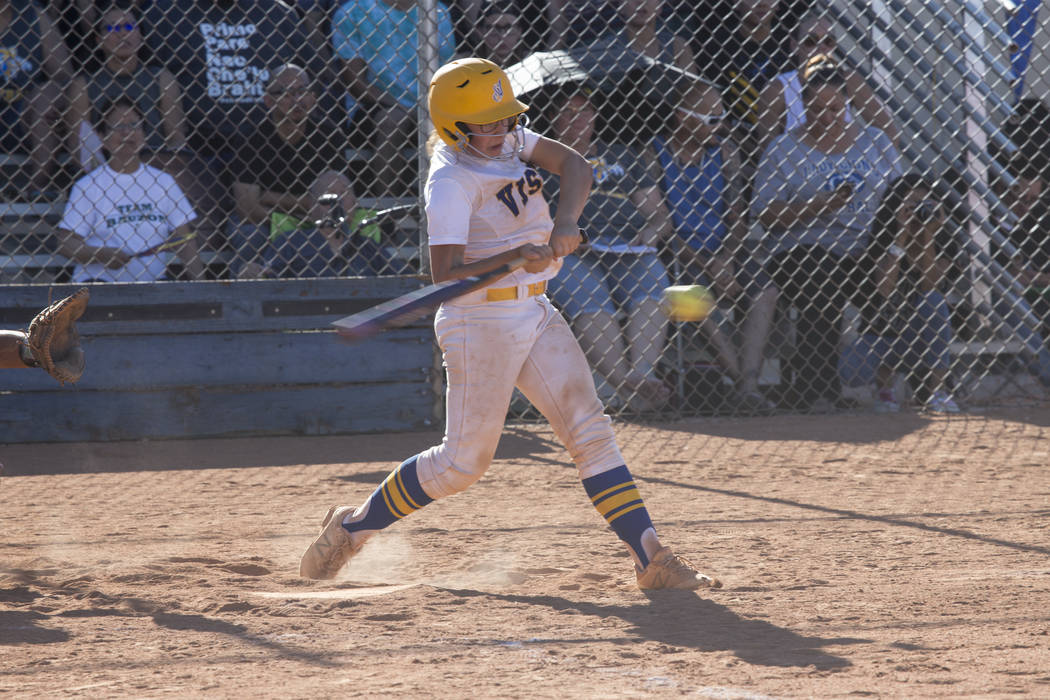 Sierra Vista’s Aaliyah Medina (16) swings for a double against Durango at Sierra Vista ...