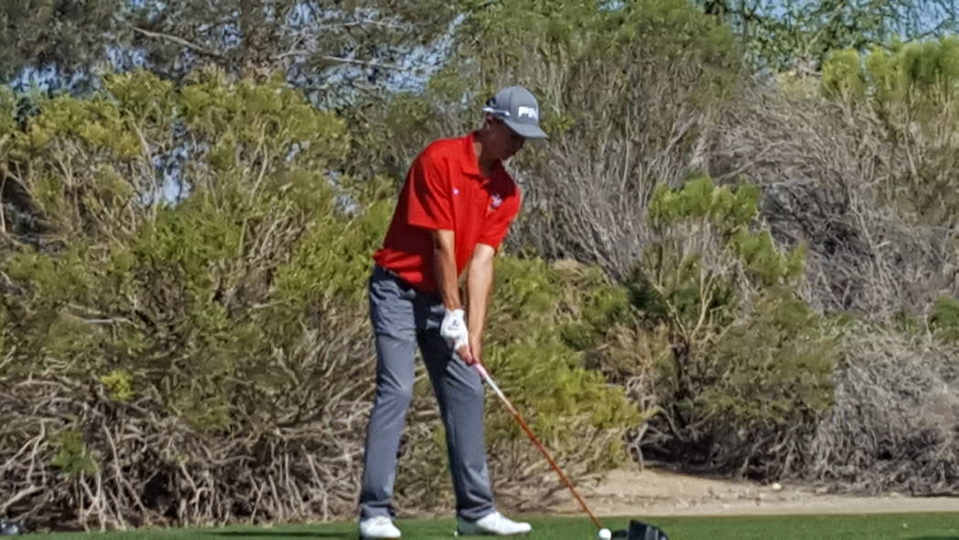 Arbor View’s Hazen Newman prepares to hit his tee shot on the 18th hole during the the ...