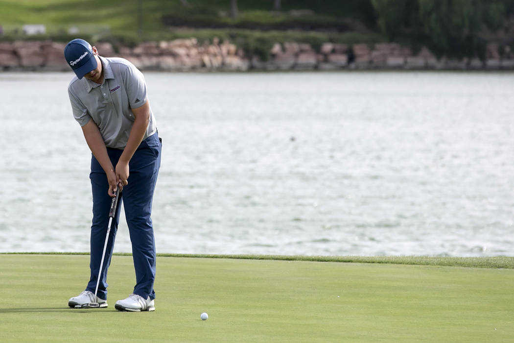 Coronado sophomore Dylan Fritz hits the ball on the 17th hole of the Sunrise Region golf tou ...