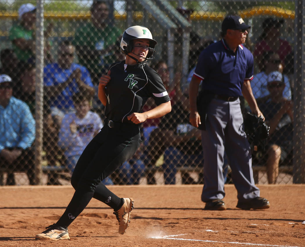 Palo Verde’s Makall Whetten scores a run against Sierra Vista during a Sunset Region s ...