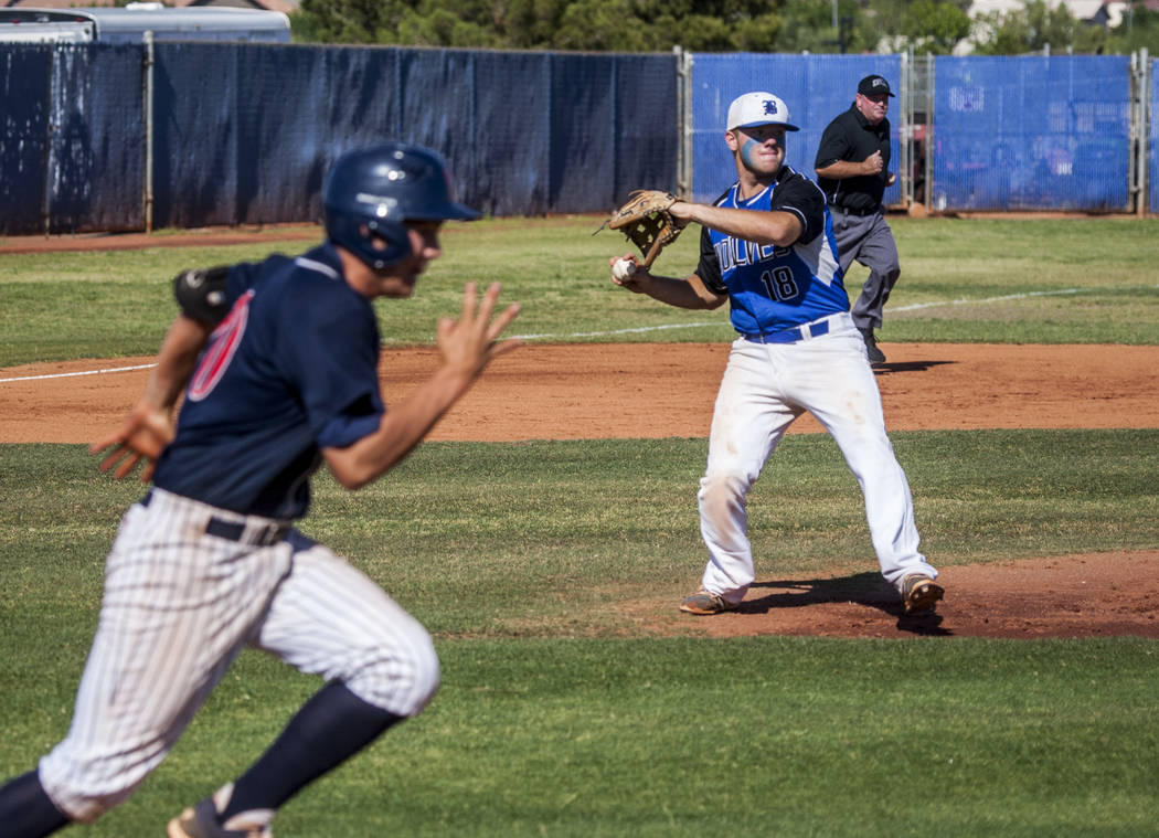 Basic’s Trace Evans looks to make a play at first against Coronado at Basic High Schoo ...