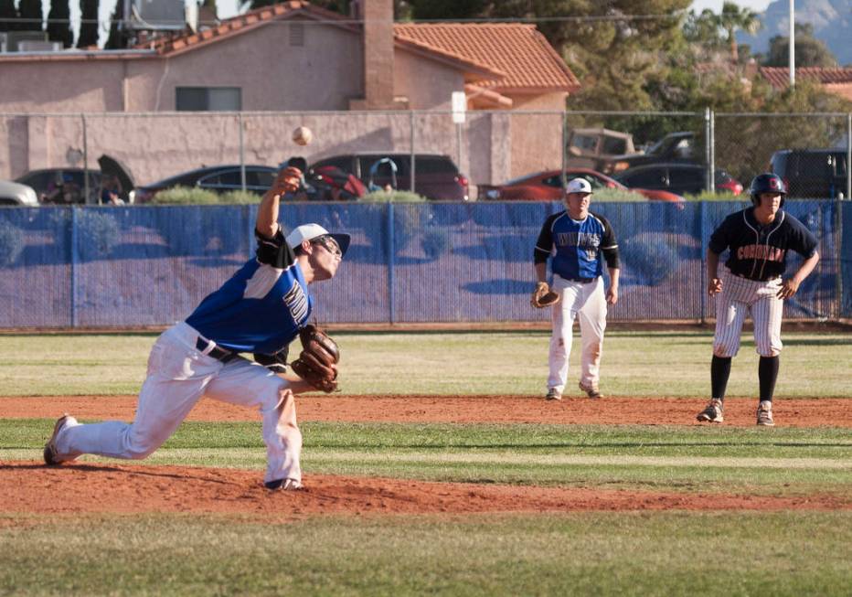 Basic’s Nick Thompson pitches against Coronado at Basic High School in Henderson on Th ...