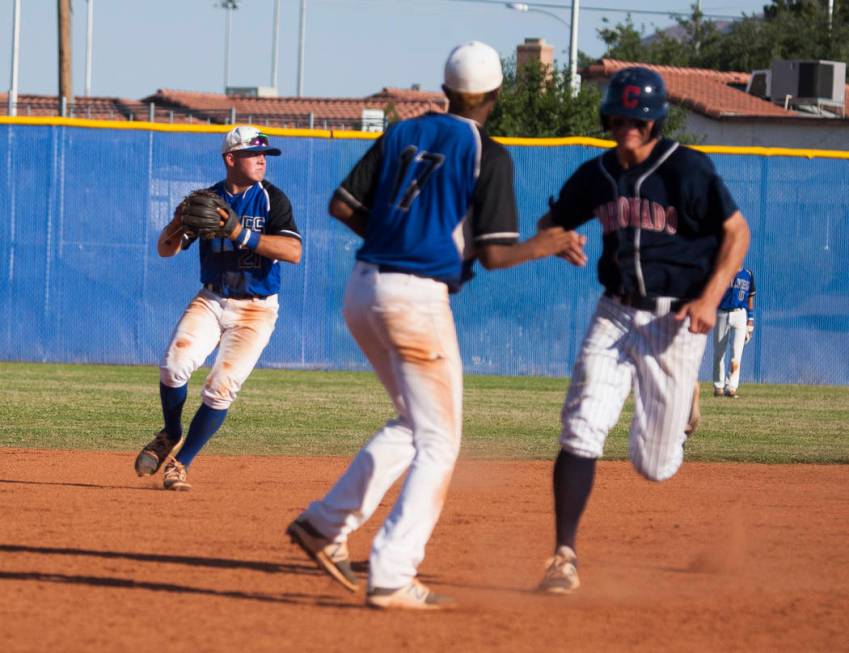 Basic looks to make a play at first against Coronado at Basic High School in Henderson on Th ...