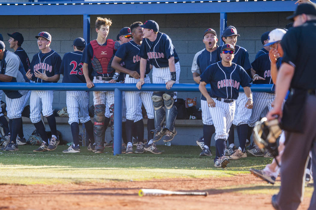 Coronado players cheer after scoring at Basic High School in Henderson on Thursday, May 11, ...