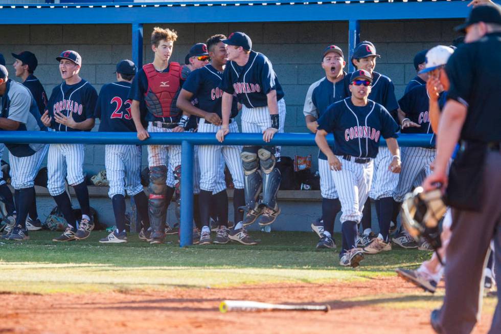 Coronado players cheer after scoring at Basic High School in Henderson on Thursday, May 11, ...