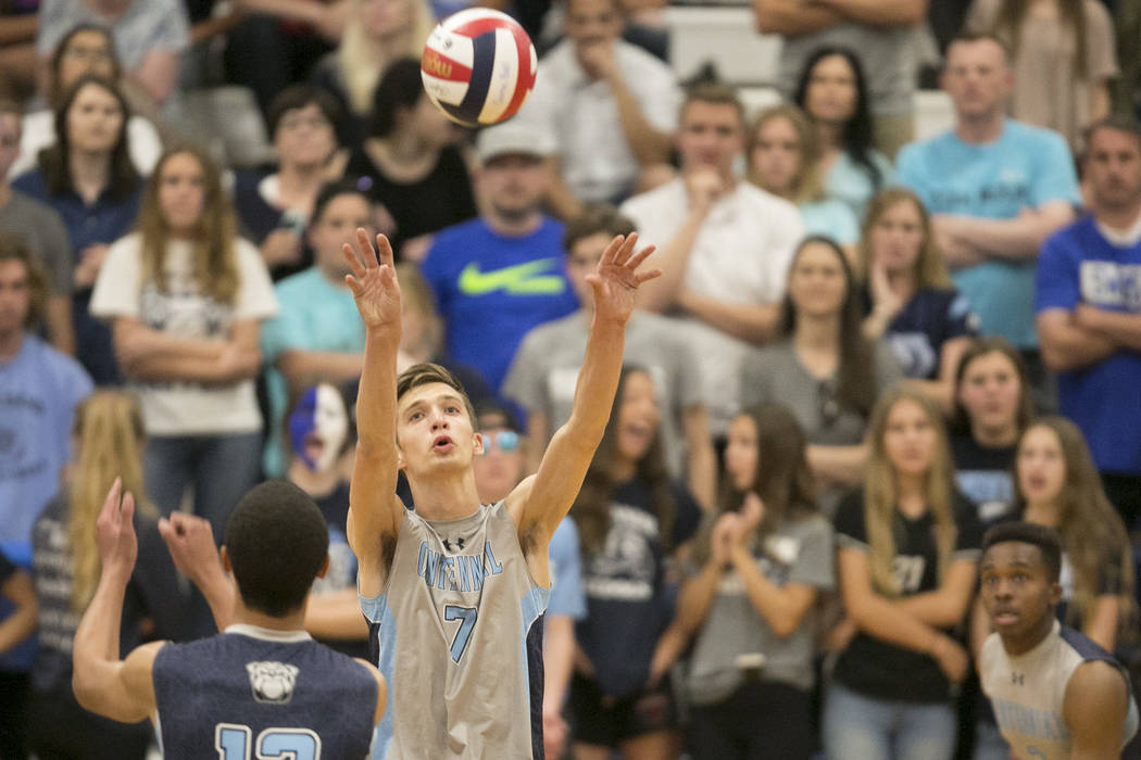 Centennial setter Sam Belnap (7), set the ball during a match against Palo Verde for the Sun ...