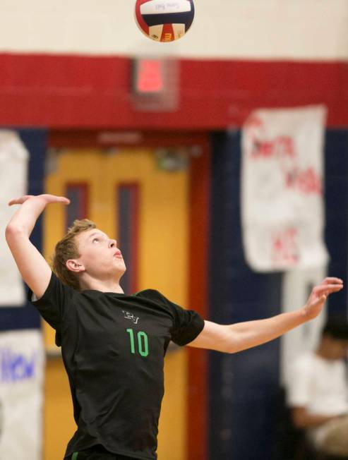 Palo Verde senior Ben Brady (10) serves the ball to Centennial for the Sunset Region volleyb ...