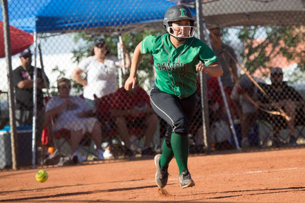 Rancho’s Katerina Anthony (27) runs safely to first base after a bunt against Liberty ...