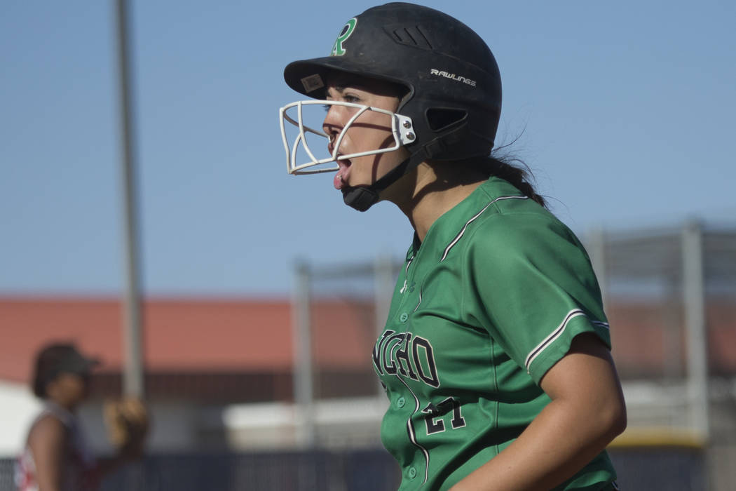 Rancho’s Katerina Anthony (27) reacts after a hit against Liberty at Foothill High Sch ...