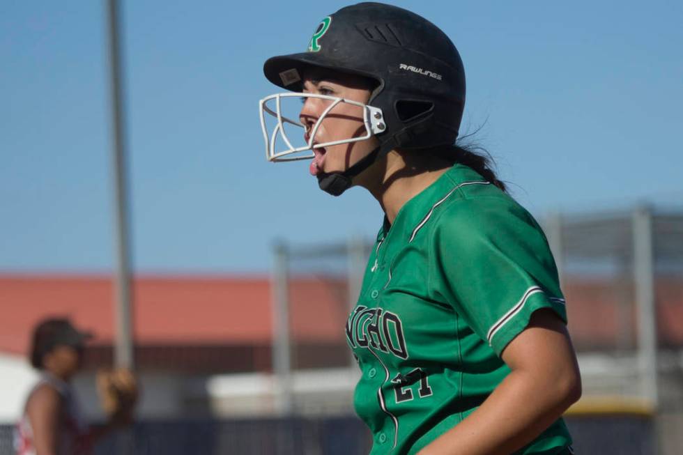 Rancho’s Katerina Anthony (27) reacts after a hit against Liberty at Foothill High Sch ...