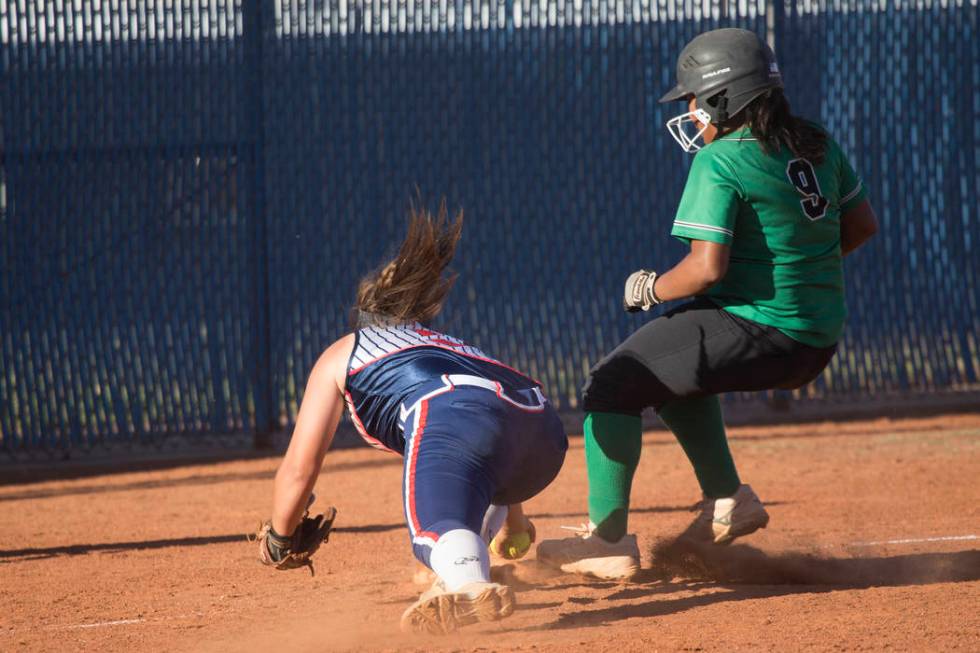 Rancho’s Ayanna Potter (9) runs safely to third base against Liberty at Foothill High ...