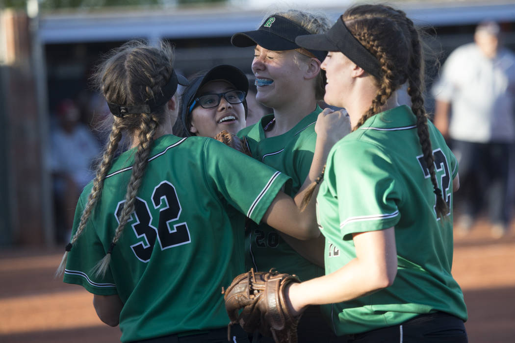 Rancho celebrate their 3-1 win against Liberty at Foothill High School on Friday, May 12, 20 ...