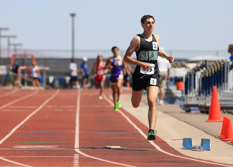 Daniel Ziems, of Palo Verde High School, crosses the finish line to win the boy’s 1600 ...