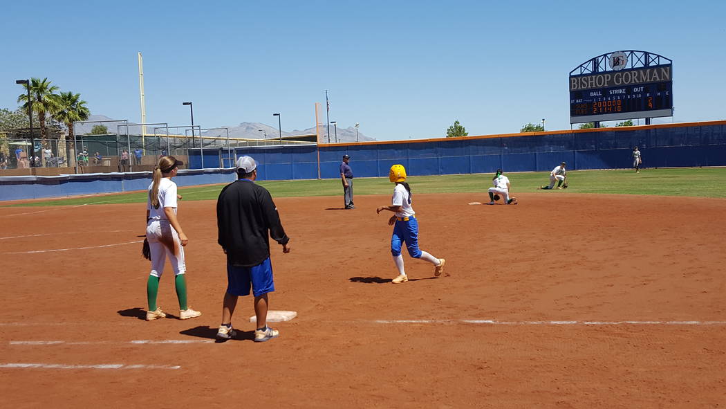 Taylor DeGuzman of Sierra Vista retreats to first base after hitting a single to lead off th ...