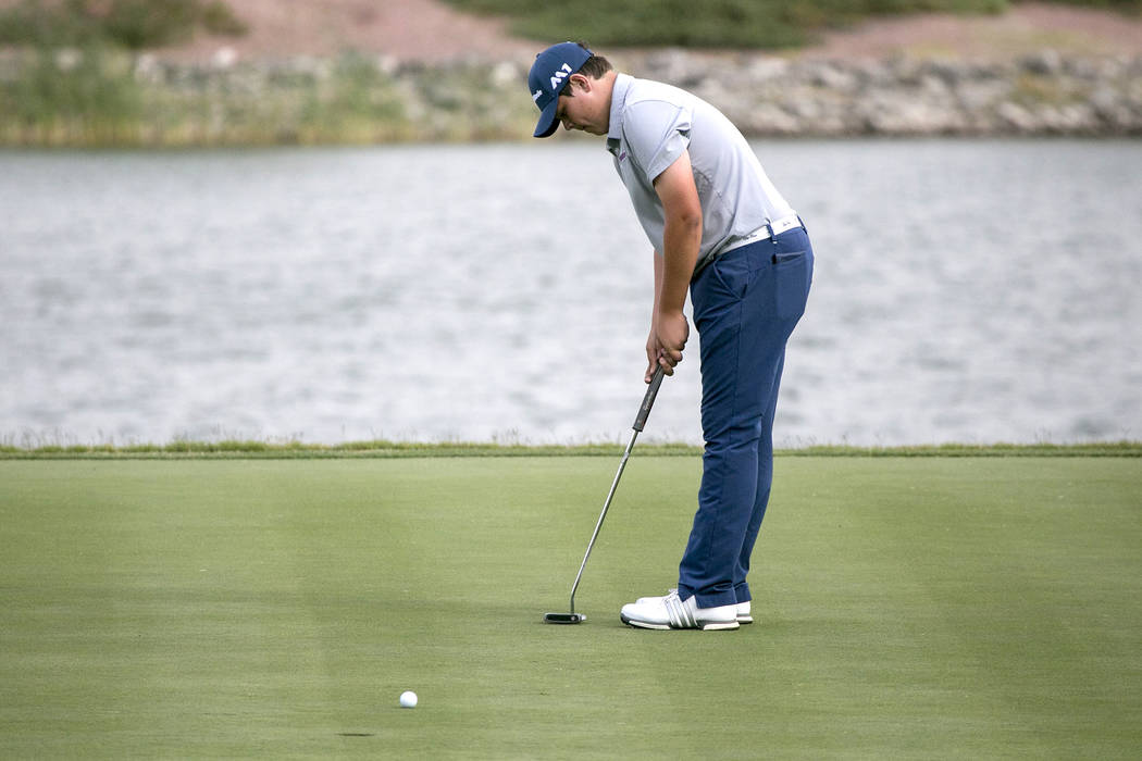 Coronado sophomore Dylan Fritz hits the ball of the Sunrise Region golf tournament on the 18 ...