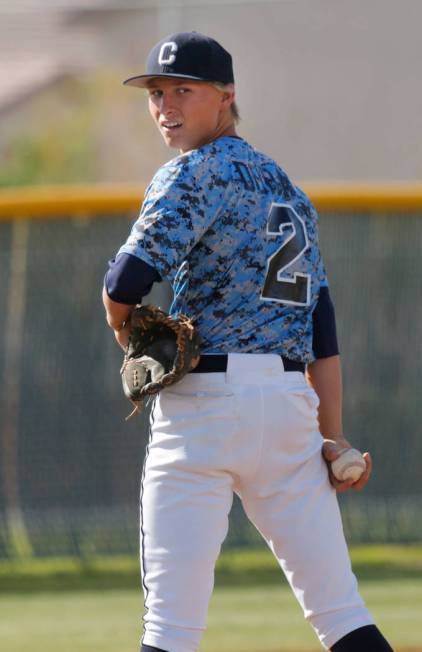 Centennial pitcher Nik Dobar looks back before throwing a ball against Rancho in the second ...