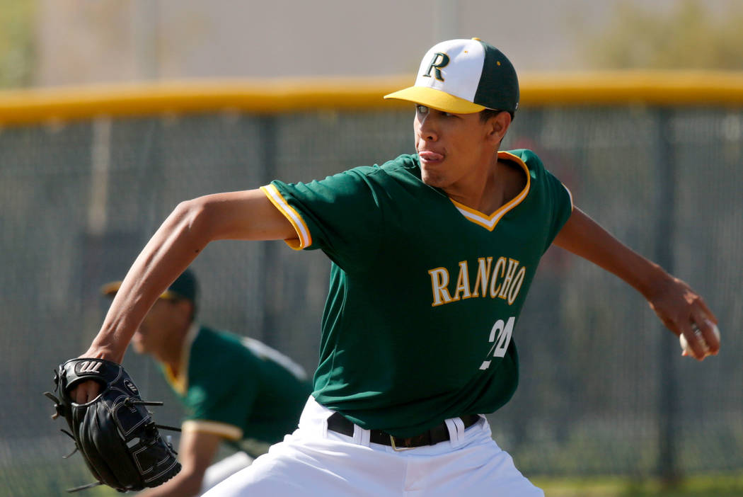 Rancho’s pitcher Michael Shy delivers during the second inning of a state play-in base ...