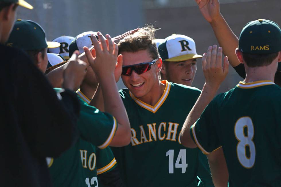 Rancho’s Joseph Walls (14) celebrates with his teammates after scoring in the second i ...