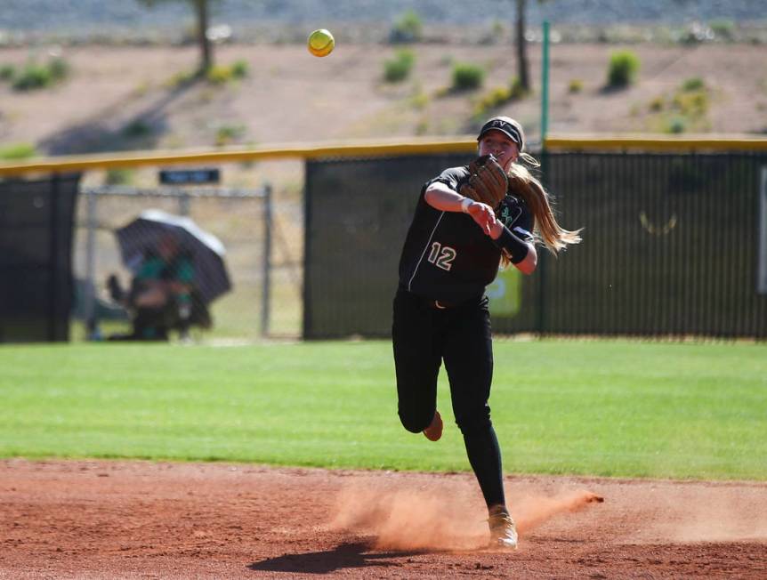 Palo Verde’s Ally Snelling throws to first base during a Sunset Region softball tourna ...