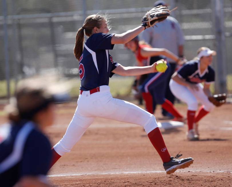 Coronado’s Tatum Spangler (5) pitches to Liberty during the first inning of a high sch ...