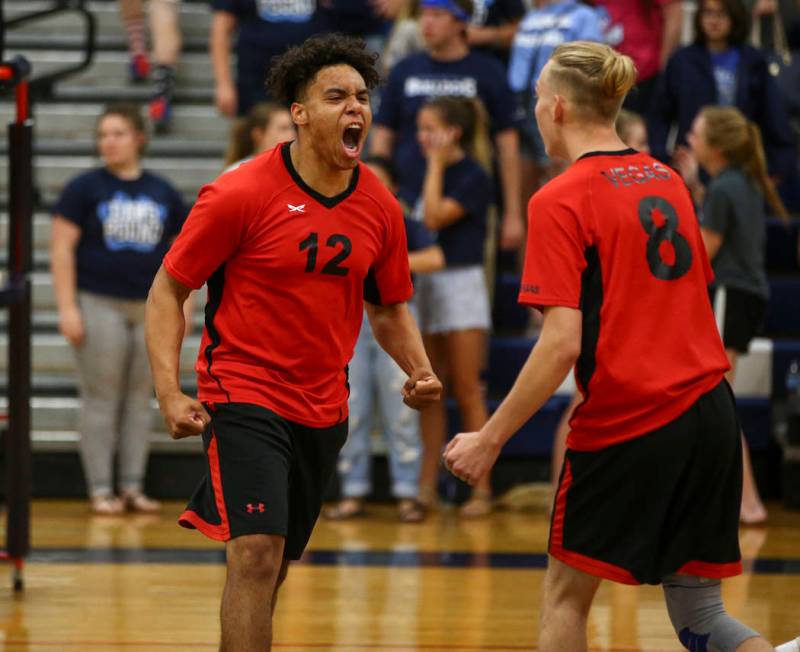 Las Vegas’ Romeo Gray (12) and Shaun Kampshoff (8) react while playing Centennial duri ...