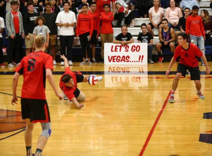 Las Vegas’ Foster Palo dives to save the ball during the Class 4A boys state semifinal ...