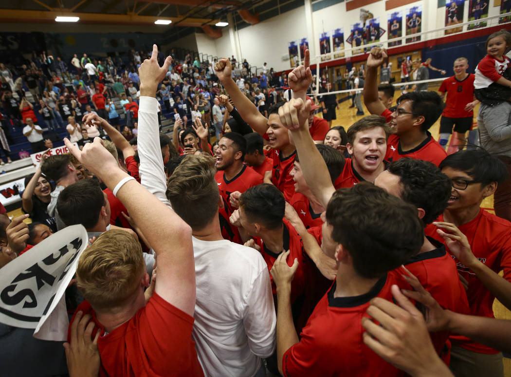 Las Vegas’ players celebrate after defeating Centennial in the Class 4A boys state sem ...