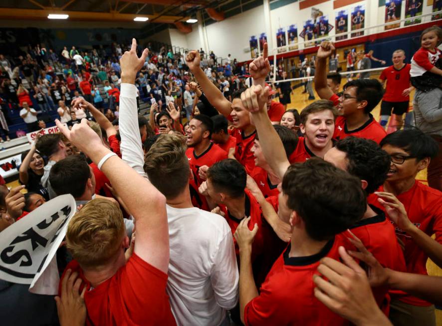 Las Vegas’ players celebrate after defeating Centennial in the Class 4A boys state sem ...