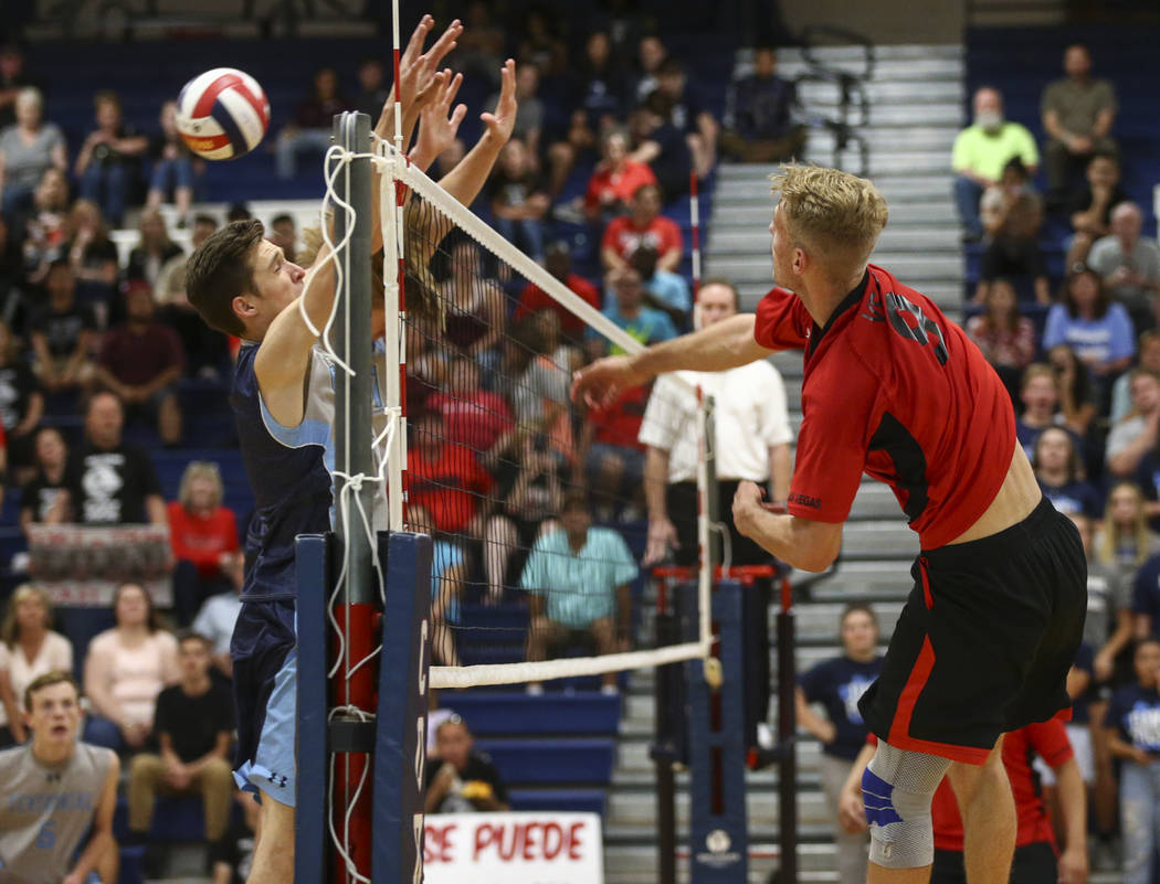 Las Vegas’ Brandon Kampshoff (9) sends the ball to Centennial during the Class 4A boys ...