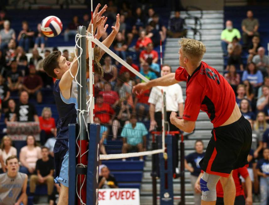 Las Vegas’ Brandon Kampshoff (9) sends the ball to Centennial during the Class 4A boys ...