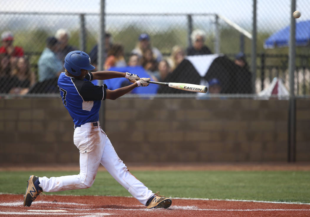 Basic’s Garrett Giles hits a home run against Galena during a Class 4A state baseball ...