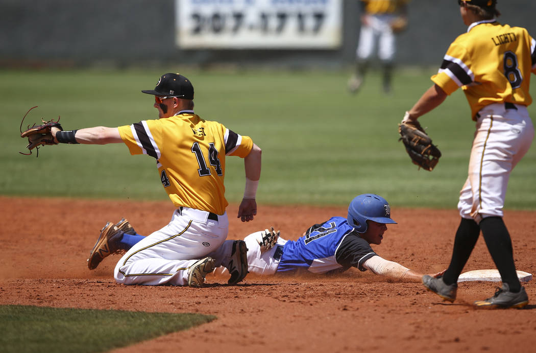 Basic’s Paul Myro (21) makes it safely back to second base against Galena’s Andr ...