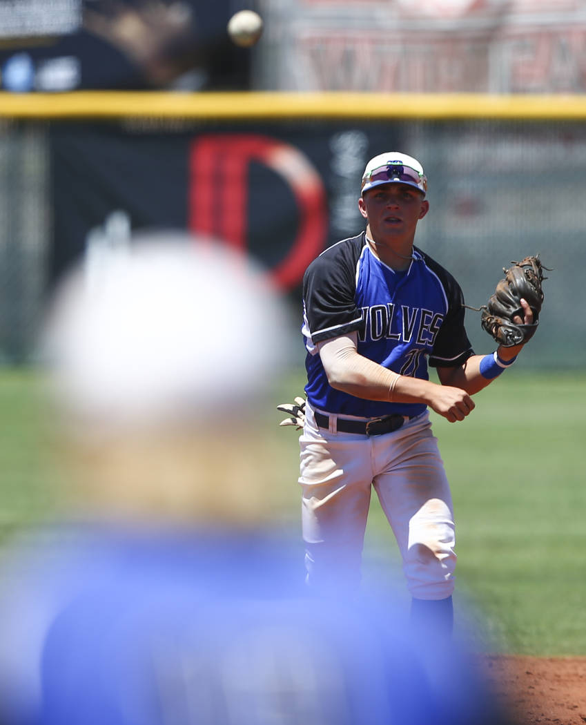 Basic’s Paul Myro (21) throws to Basic’s Jack Wold during a Class 4A state baseb ...