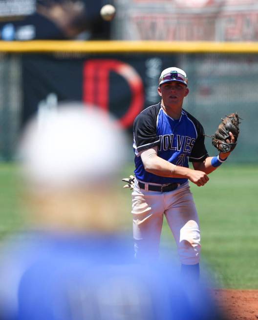 Basic’s Paul Myro (21) throws to Basic’s Jack Wold during a Class 4A state baseb ...