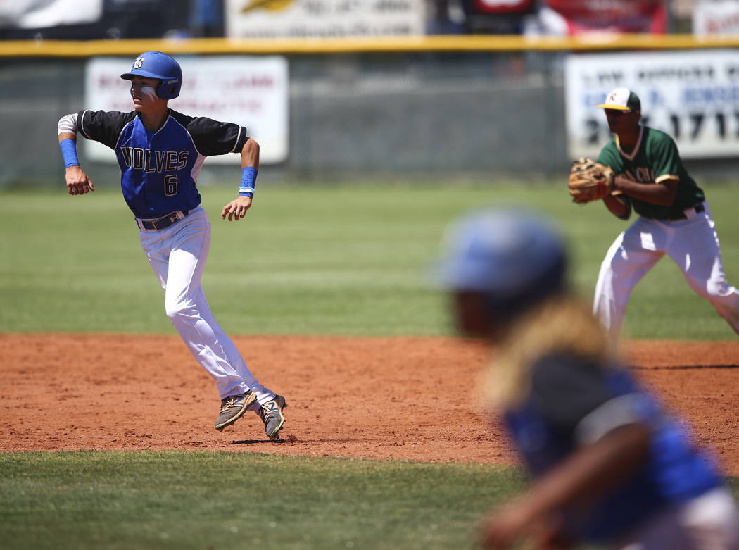 Basic’s John Howard Bobo (6) runs for third base during a Class 4A state baseball tour ...