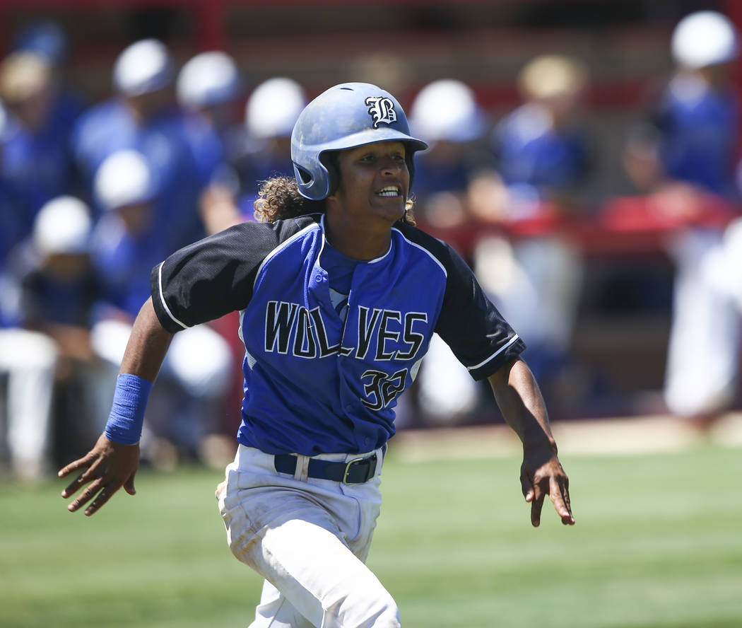 Basic’s Christian Rivero (32) runs for first base during a Class 4A state baseball tou ...