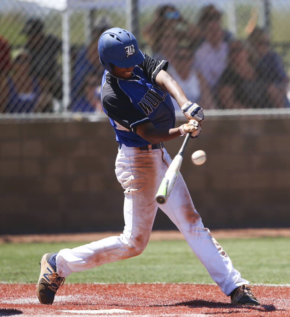 Basic’s Garrett Giles hits against Rancho during a Class 4A state baseball tournament ...