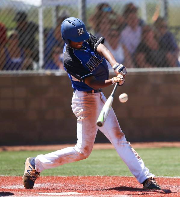 Basic’s Garrett Giles hits against Rancho during a Class 4A state baseball tournament ...