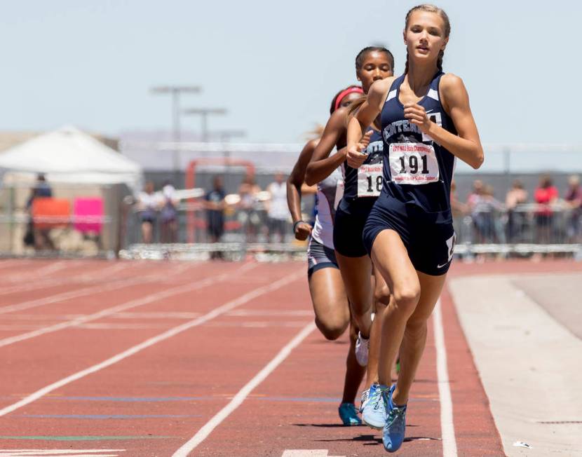 Centennial senior Karina Haymore leads the pack during the girls 800-meeter run during the N ...