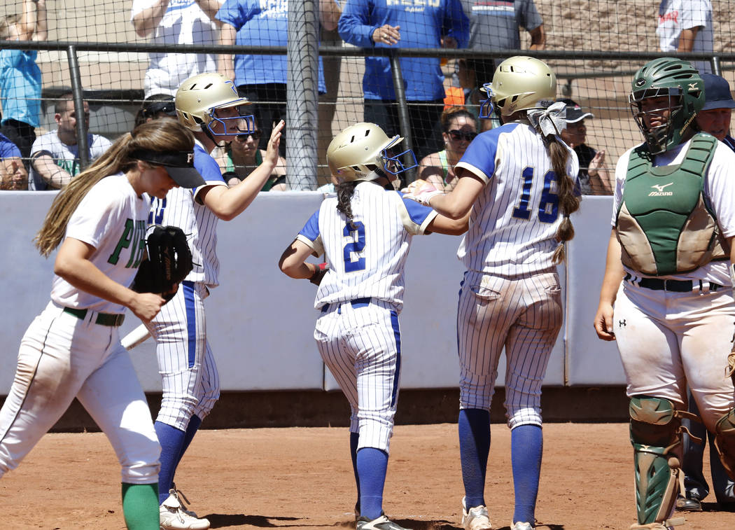 Reed’s Alyssa Hernandez (2) celebrates with her teammates after scoring against Palo V ...