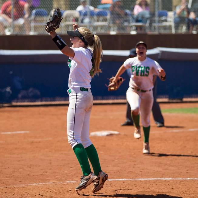 Palo Verde’s Kendall Hopkins (8) reacts after a strikeout to win against Reed in the N ...