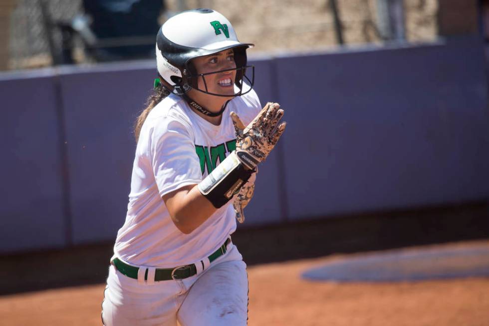 Palo Verde’s Cara Beatty (5) runs to first base after connecting with the ball against ...