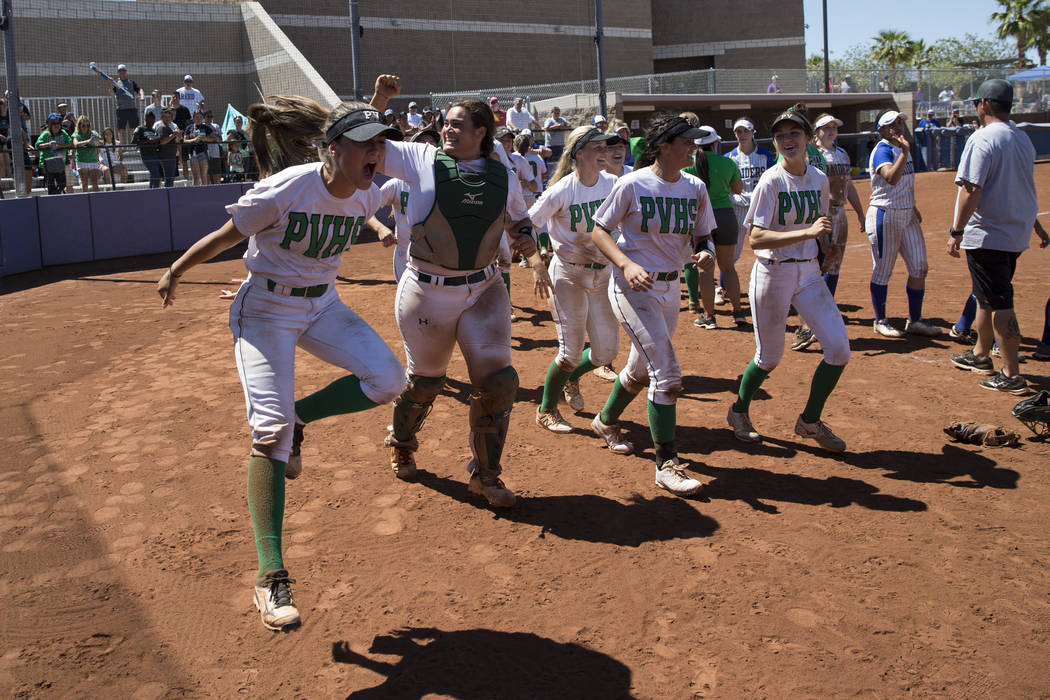 Palo Verde celebrate their 9-3 win against Reed in the Nevada Class 4A state softball final ...