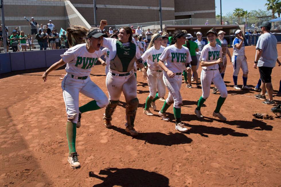 Palo Verde celebrate their 9-3 win against Reed in the Nevada Class 4A state softball final ...