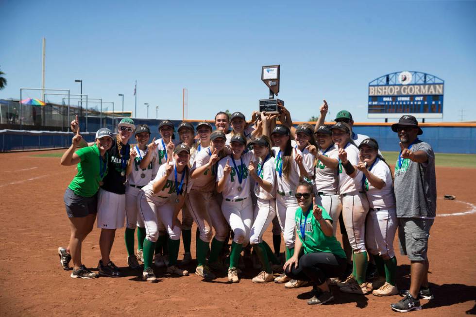 Palo Verde celebrate their 9-3 win against Reed in the Nevada Class 4A state softball final ...