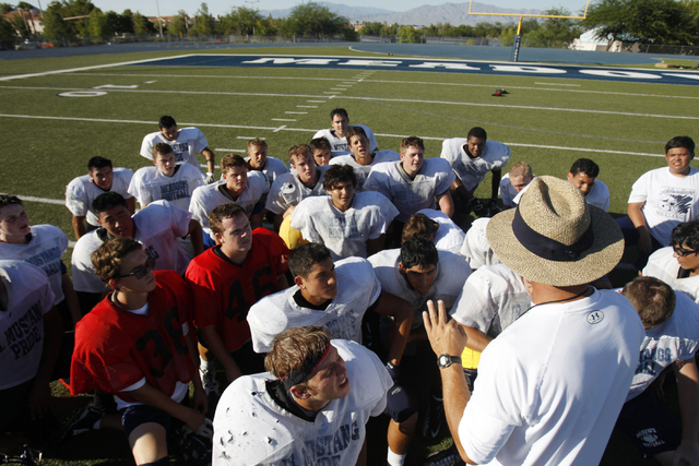 The Meadows players listen to coach Frank DeSantis during practice. (Erik Verduzco/Las Vegas ...