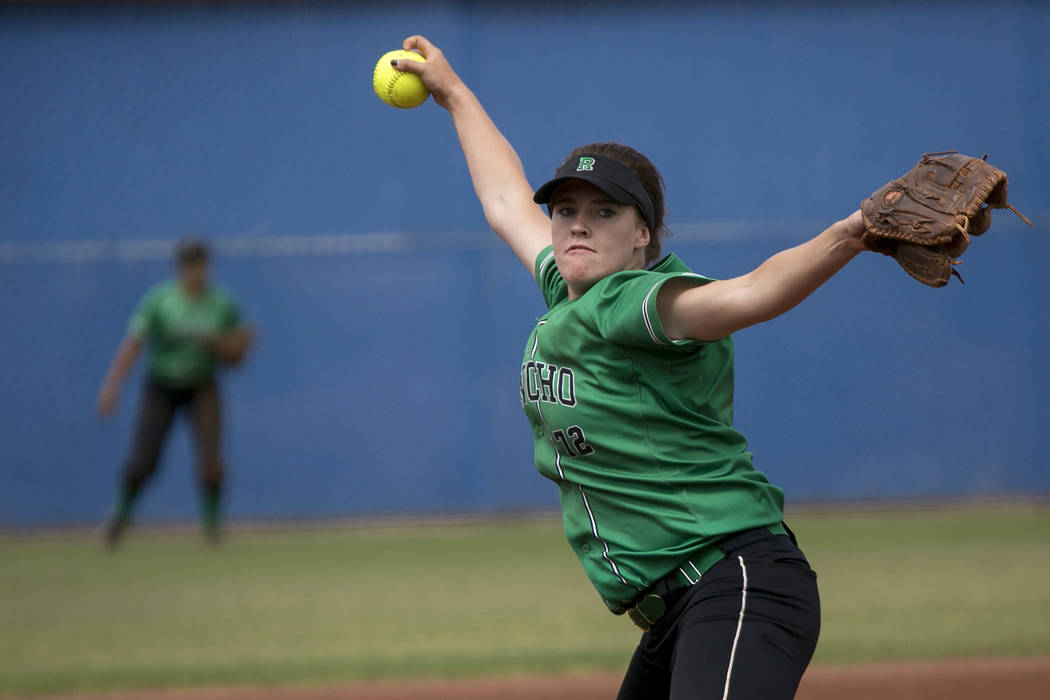 Rancho senior Sam Pochop (72) pitches to Palo Verde during a game in the Class 4A state soft ...