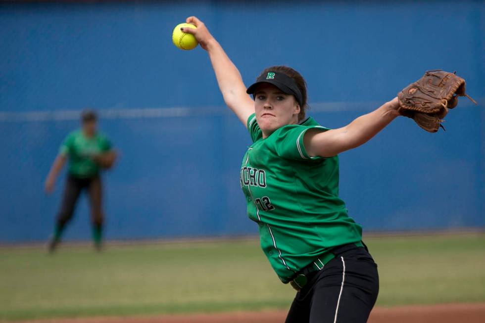 Rancho senior Sam Pochop (72) pitches to Palo Verde during a game in the Class 4A state soft ...