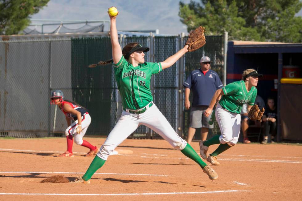 Rancho senior Sam Pochop pitches to Liberty during a Sunrise Region softball tournament game ...