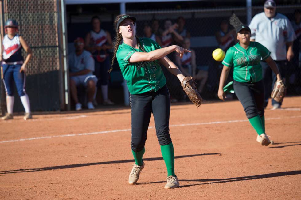 Rancho’s Sam Pochop (72) throws to first base for an out against Liberty at Foothill H ...